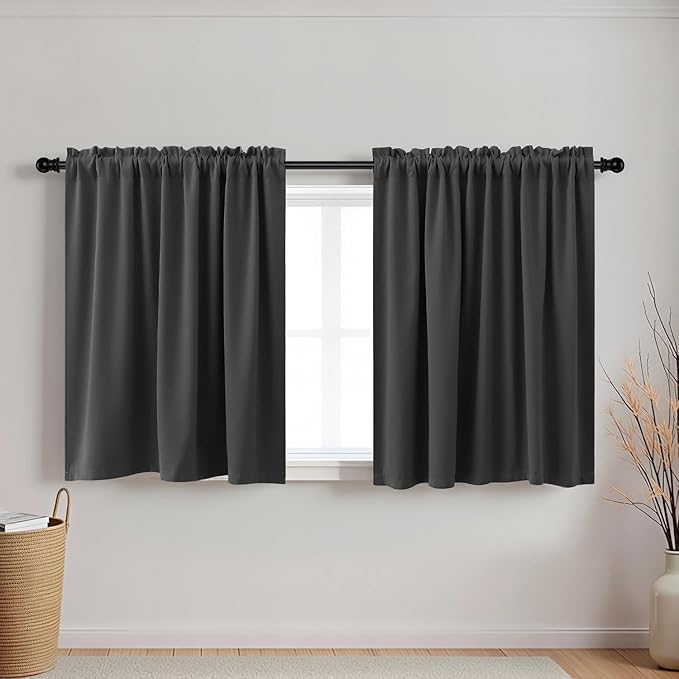 KOUFALL 34 Inch Small Window Curtains, Blackout Thermal Curtains for Kitchen Bathroom, 24W x 34L, Grey