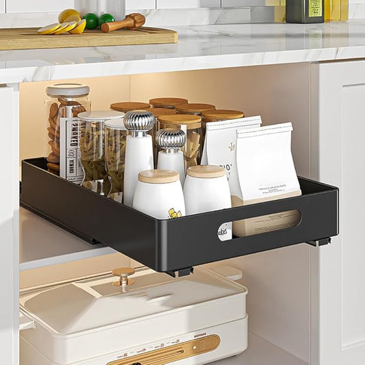 Pull Out Cabinet Organizer, Heavy Duty Slide Out Drawer, No Drill Pull Out Drawers, Sliding Pull-Out Pantry Shelves for for Cabinets, Roll Out Shelf Storage for Kitchen Bathroom Black