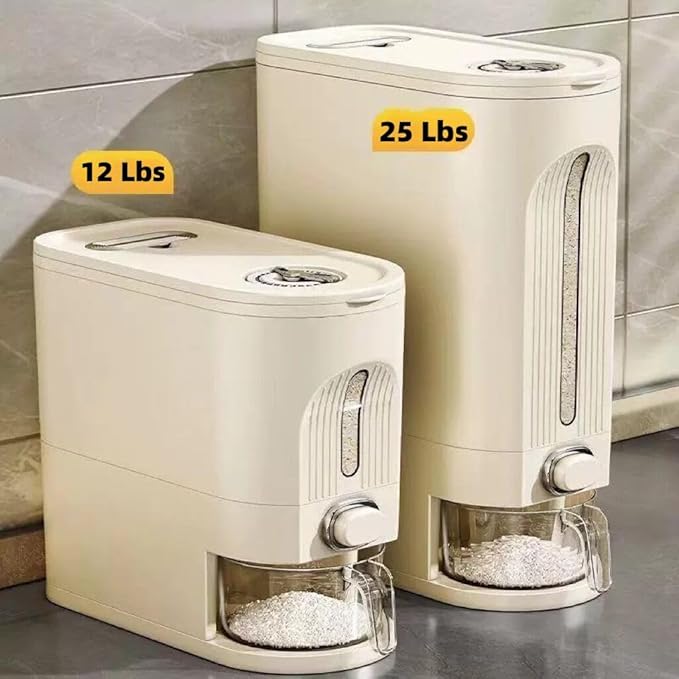 IEEK Rice Dispenser and Grain Container Storage with Lid,Rice Container with Measuring Cup,Moisture Proof Household Cereal Dispenser Bucket for Kitchen Soybean Corn Oatmeal,12Lbs