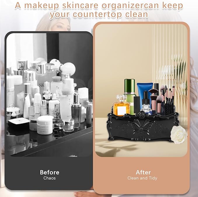 PDFans Makeup Organizers, Vintage Style Acrylic Cosmetic Organizer for Vanity Drawer Make Up & Jewelry Storage(Black) (Black)