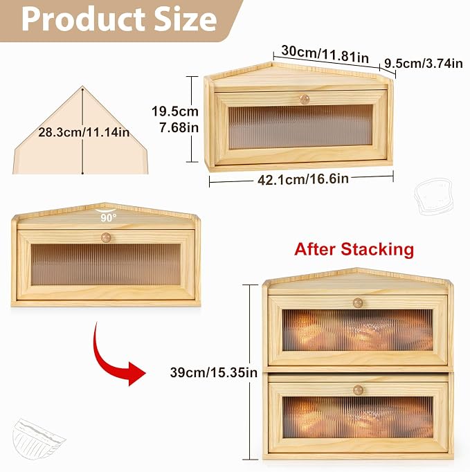 Sunhoo Bread Box for Kitchen Countertop Wooden Corner Breadbox Counter Food Storage Bin Container Farmhouse Rustic Homemade Bread Fresh Keeper Organizer Holder Vintage Stackable with Window (Yellow)