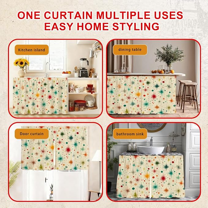 Self Adhesive Retro Starburst Cabinet Curtain for Mother's Day, 39x28 Inch Mid-Century Modern Under Sink Skirt No Drill, Spring Cleaning Kitchen Decor, Hook and Loop Valance