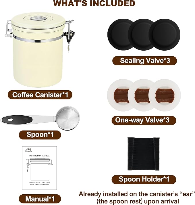 ShanSon Coffee Canister Airtight, Stainless Steel Bean Storage Container with Date Tracker & Scoop, Grounds Sugar Flour Tea Cereal Fits Kitchen Pantry, Ideal Gift for Coffee Lovers,16oz,Beige