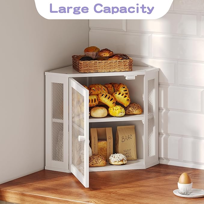 Bamboo Bread Box with Acrylic Window Display, Hinged Lid for Kitchen Countertop Storage, 15 x 8 x 6 Inches (White, Extra Lage)