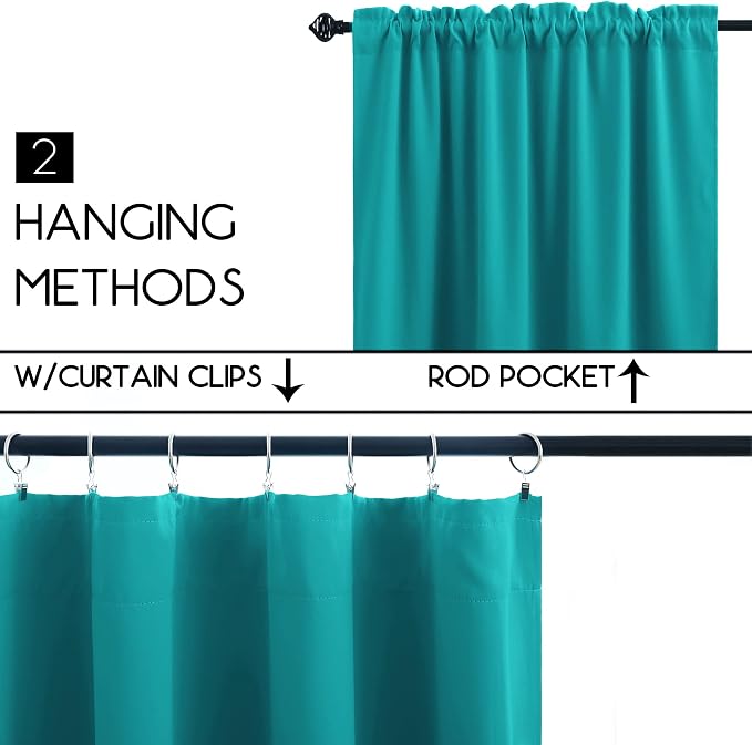 KOUFALL Teal Kitchen Curtains Valances 24 Inch Length Set of 2 Pack Rod Pocket Short Privacy Blackout Small Washing Machine Cover