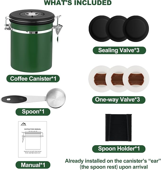 ShanSon Coffee Canister Airtight, Stainless Steel Bean Storage Container with Date Tracker & Scoop, Grounds Sugar Flour Tea Cereal Fits Kitchen Pantry, Ideal Gift for Coffee Lovers,12oz, Dark Green