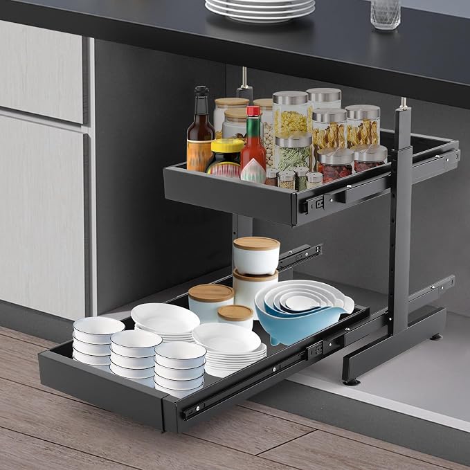 Cabinet Drawers Slide Out, 2 Tiers Expandable Pull out Cabinet Organizer No-Drilling, Slide out Drawers for Kitchen Cabinets Bathrooms, Laundry Rooms, Garages (Black)