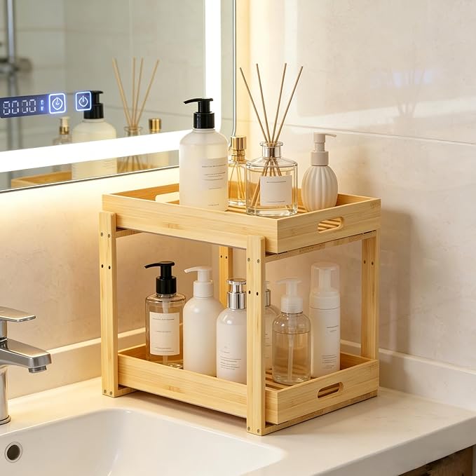 Under Sink Organizer and Storage - 2-Tier Bamboo Kitchen Cabinet Shelf with Adjustable Levels, Undersink Organization Slide Out for Bathroom Cabinet Pantry(Natural, 2 Packs)