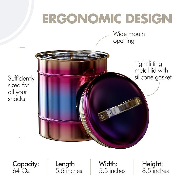 Amici Home Rainbow Metal Storage Canister | Dry Food Storage Container | Airtight Lid | 64 Ounce Capacity | Modern Home Décor | Decorative Metal Canister for Kitchen Countertop (Large) (Pack of 2)