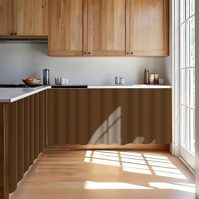 Under Sink Curtain for Closet, Privacy Short Cabinet Curtain Self Stick Adhesive Desk Skirt for Kitchen Classroom, Brown, 35" W x 20" L