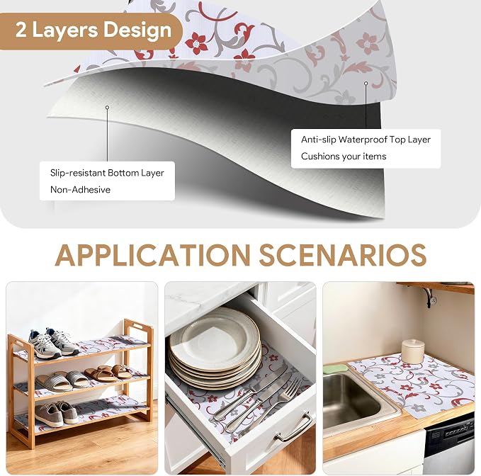 Shelf Liners Non Adhesive 12'' X 120'' Drawer Liner for Kitchen Cabinets, Waterproof Shelf Liners Durable Anti-Slip for Kitchen Cabinets Cupboard Liner
