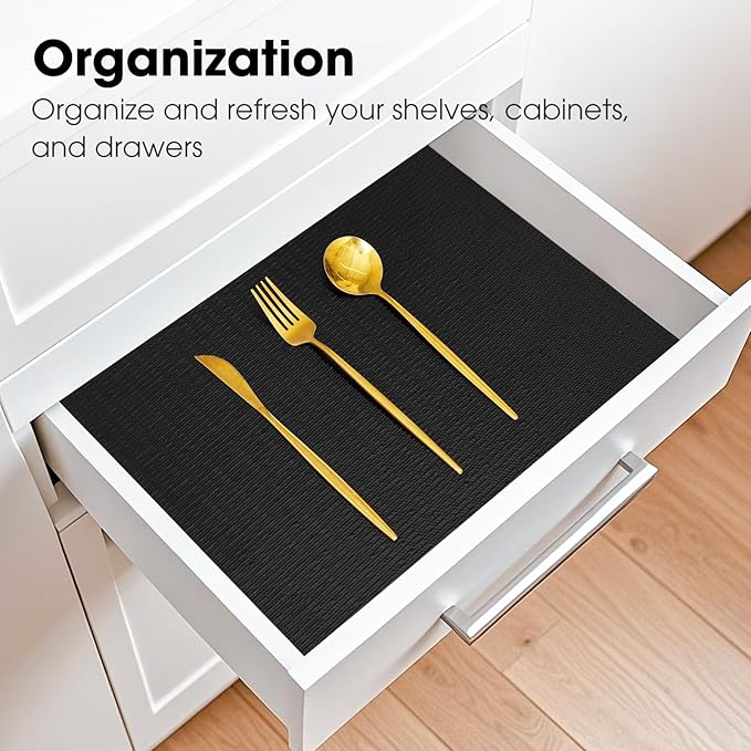 Drawer and Shelf Liner, Non-Slip Kitchen Cabinet Liners Non-Adhesive Thick Strong Grip Waterproof Washable Mats Protect Dresser Shelves Cupboard Bathroom Cabinets, Black, 12 in X 10 FT