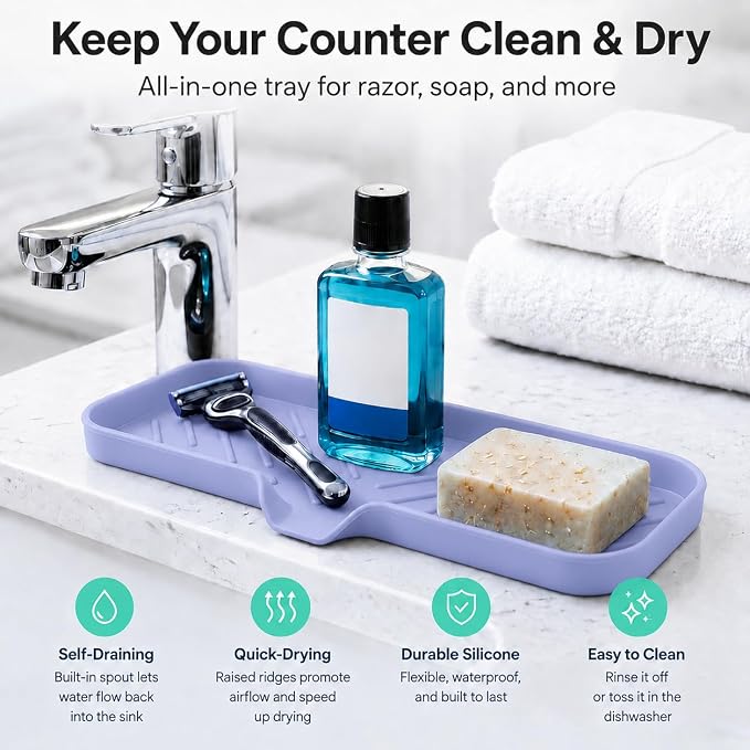 MicoYang Silicone Soap Dish with Drain Spout — Self-Draining Double Sink Organizer Tray for Kitchen & Bath, Dispensers, Sponges & Soap Holder, Non-Slip & Dishwasher Safe, Light Purple (Large, 12"×4")