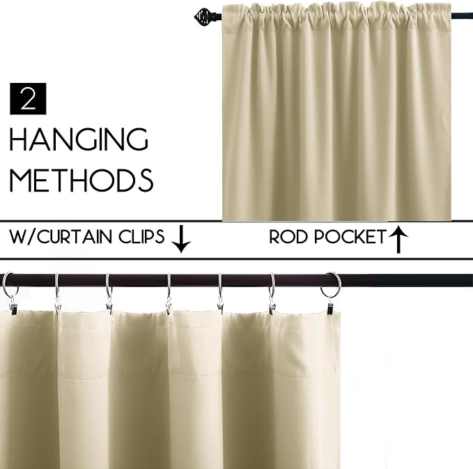 KOUFALL Rod Pocket Blackout Tier Short Curtains-Biscotti Beige-52x30