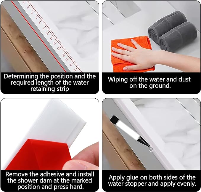 New Collapsible Shower Threshold Water Dam, Self Adhesive Silicone Waterproof Barrier Bathroom and Kitchen Water Strip Dam Shower Guard for Dry and Wet Separation Caulk Seal Strip Edge Trim(White)