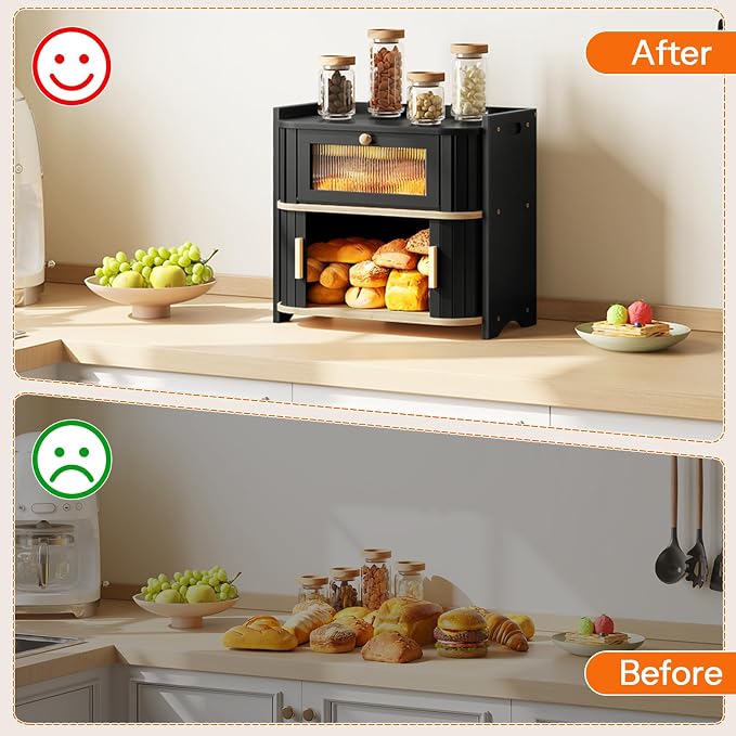 HOOBRO Bread Box, Bamboo Bread Box for Kitchen Countertop, 2 Tier Roll-Top Bread Bin, Food Storage Box, Bread Storage Container, for Kitchen, Dining Room, Black and Natural BK16MB01