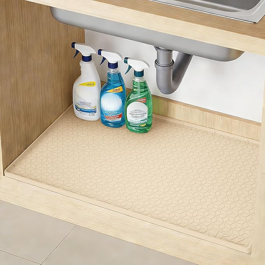 TRZZ Silicone Waterproof Under Sink Mat 31" x 22", Drip Tray and Cabinet Liner for Kitchen and Bathroom, Prevents Water Damage and Organizes Cabinets (Beige)