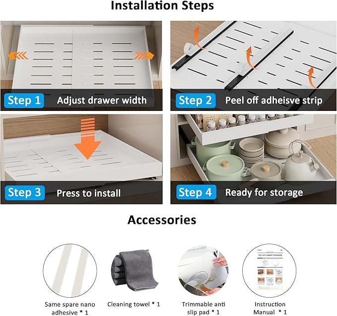 2 Pack Pull Out Cabinet Organizer Expandable Width (12.2"-20.4") x 21'' Deep, No Drill Adhesive Drawer, Heavy Duty Roll Out Shelves Drawers Adjustable White