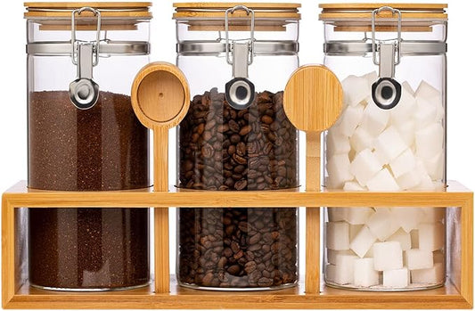 Yangbaga Glass Coffee Sugar Containers with Shelf, 3 x 45 OZ Coffee Bean Storage Station Organizer with Airtight Locking Clamp and Coffee Bamboo Scoop, Large Capacity Food Storage Jar for Kitchen