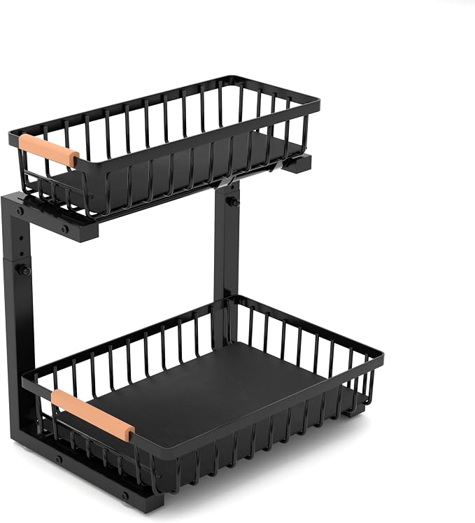 Under Sink Organizer with Pull-Out Drawers, 5-Level Adjustable Height 14"–17", 2-Tier Cabinet Storage, 4 Suction Cups, Nano-Grip Base, Sliding Baskets, Heavy-Duty Steel, Kitchen & Bathroom