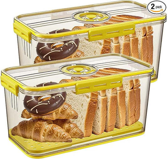 2 Pieces Bread Box for Kitchen Countertop, Airtight Bread Container with Lid, Date Dial, and Drain Tray, Bread Storage for Homemade Bread, Toast, Cookies