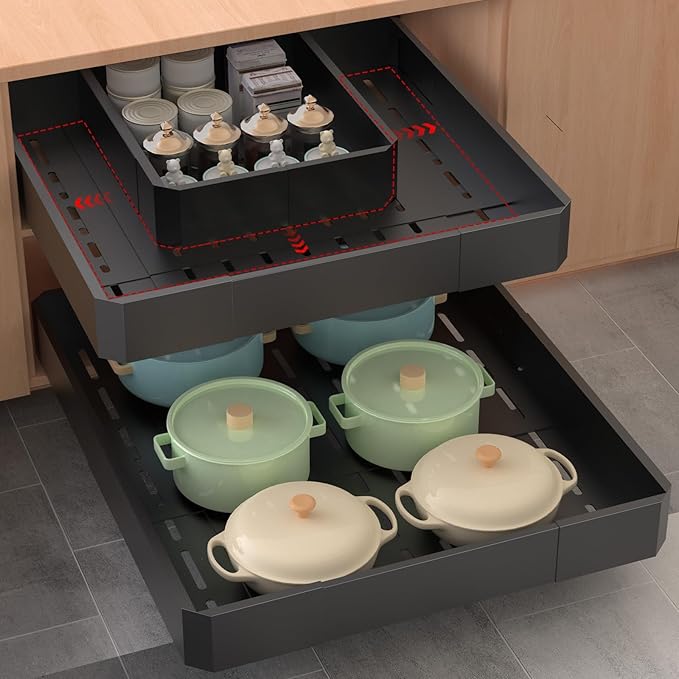 Pull out Cabinet Organizer,Adjustable Width (14"-19") and Depth (17"-24") Expandable,No Drill Slide out Drawers for Kitchen,Pantry,Adhesive Roll out Shelves,for Cabinets Without Lip (black)