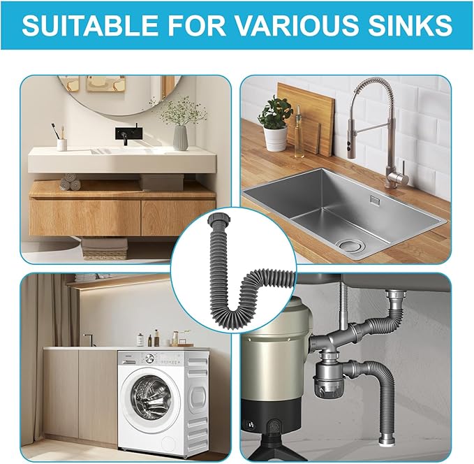 1-1/2" Flexible Sink Drain Pipe, Expandable Drain Hose, Adjustable Under Sink Drain Extension Tube 10" to 24.4", Thickened PP Sink Drain Replacement Hose for Kitchen Bathroom RV Sink, 1 Pack