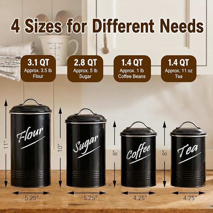 Hillbond Kitchen Canister Set of 4, Airtight Stainless Steel Food Storage Containers with Lids, Flour Sugar Coffee Tea Canisters for Countertop, Metal Kitchen Storage Jars, Black