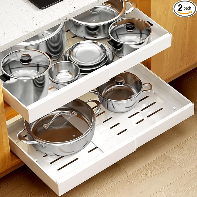 2Pack Expandable Pull Out Cabinet Organizer 21" Deep - Sliding Drawer Organizer Roll Out Shelves Adhesive - Adjustable Width 15.2"-26.2" W (White)