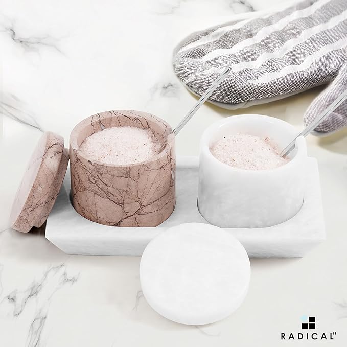 Radicaln Marble Salt Cellar with Lid and Tray 3" Inch White and Marinara Handmade Set of 2 Seasoning Jars For Kitchen Storage, Ideal Table Sugar Bowl & Salt Dish For Countertop