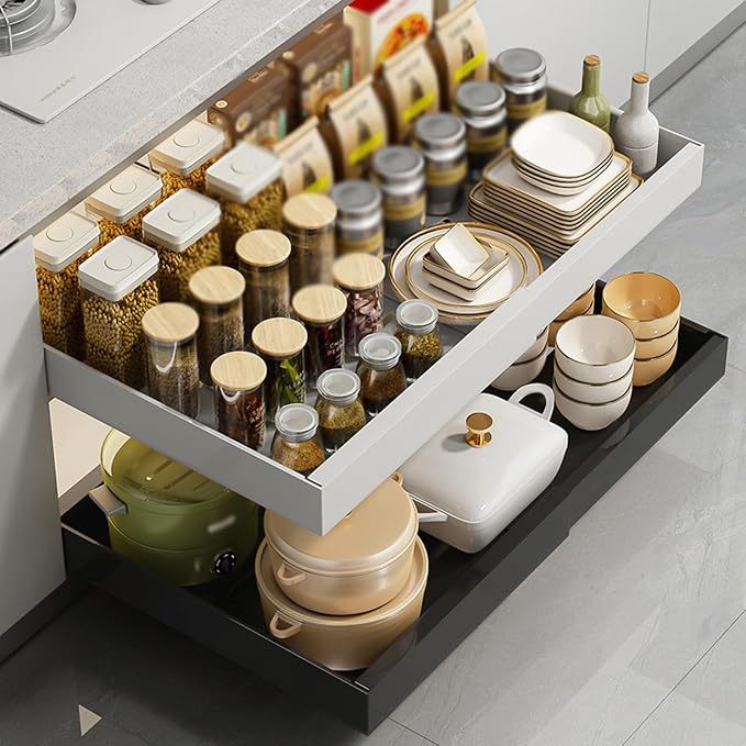 Expandable Pull-Out Cabinet, Adhesive Slide-Out Shelves,Roll-Out Drawers for Easy Access,Heavy Duty for Kitchen, Bathroom & Pantry(White,Large)