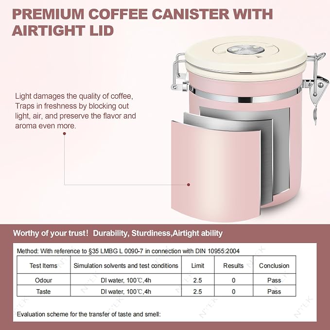 ShanSon Coffee Canister Airtight, Stainless Steel Bean Storage Container with Date Tracker & Scoop, Grounds Sugar Flour Tea Cereal Fits Kitchen Pantry, Ideal Gift for Coffee Lovers,22oz, Pink