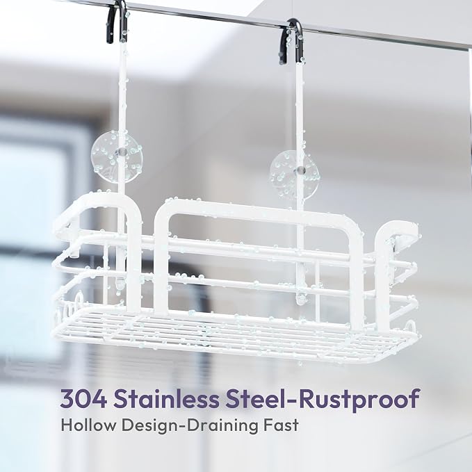SWTYMIKI Shower Caddy Hanging Organizer - Over the Door Shower Caddy with 6 Hooks, 2 Installation Ways, Stainless Steel Rustproof Bathroom Organizer, White