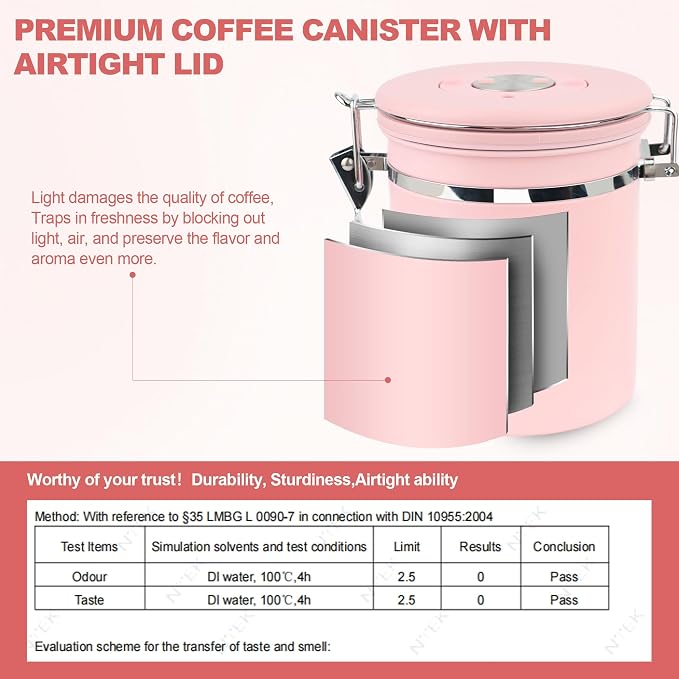 ShanSon Coffee Canister Airtight, Stainless Steel Bean Storage Container with Date Tracker & Scoop, Grounds Sugar Flour Tea Cereal Fits Kitchen Pantry, Ideal Gift for Coffee Lovers,22oz, Pink