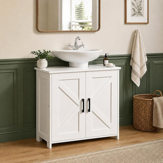 Pedestal Sink Storage Cabinet, Farmhouse Under Bathroom Sink Storage Cabinet with 2 Doors and Shelf, Pedestal Sink Organizer, 11.8" D x 23.6" W x 23.6" H, White