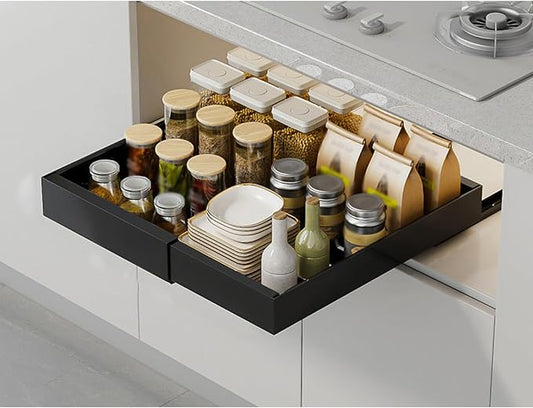 Expandable Pull-Out Cabinet, Adhesive Slide-Out Shelves,Roll-Out Drawers for Easy Access,Heavy Duty for Kitchen, Bathroom & Pantry(Black,Large)
