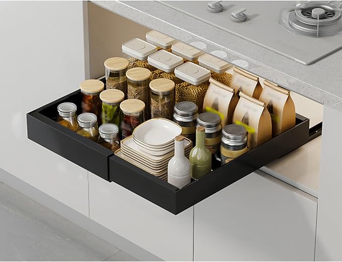 Expandable Pull-Out Cabinet, Adhesive Slide-Out Shelves,Roll-Out Drawers for Easy Access,Heavy Duty for Kitchen, Bathroom & Pantry(Black,Small)