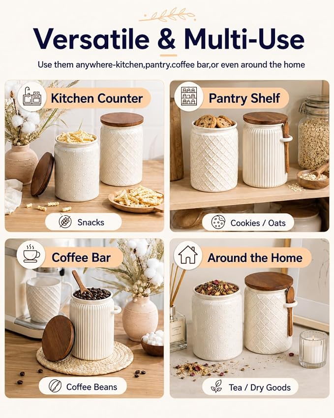 getstar Canisters Sets for the Kitchen, 32 oz Sugar Coffee Tea Storage Containers, Ceramic Kitchen Canisters for Countertop Set of 4 with Airtight Lids and Teaspoons