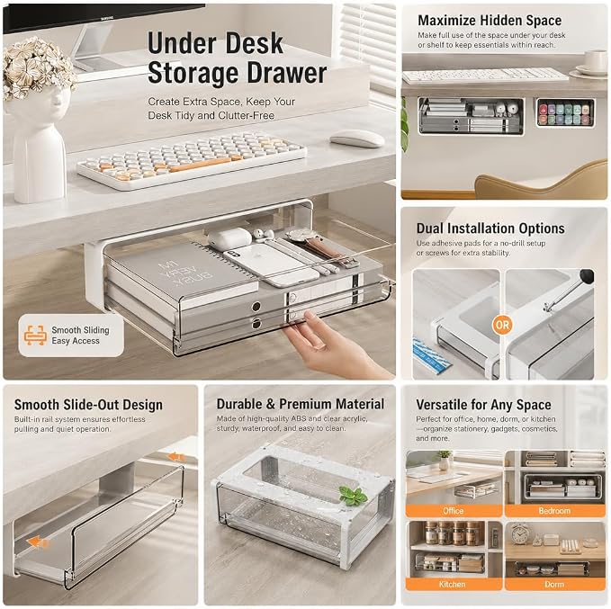 Hidden Under Desk Drawer Organizer, Space Saving Pull-Out Storage, Stick-On Invisible Drawer for Clean Desk Setup,XL