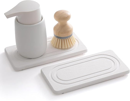 2PCS Water Absorbing Stone Tray for Sink, Quick Drying Diatomite Bathroom Tray Countertop, Stone Drying Mat for Kitchen Counter Faucet, Soap Dish Dispenser Vanity Organizer, White-7.9" x 4"