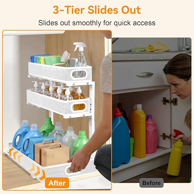 Under Sink Organizer for Bathroom, 3 Tier Adjustable Height Under Sink Storage, Sliding Pull Out Cabinet Organizer Shelf, Metal Multi-Purpose Cabinet Organizer for Kitchen (1 Pack, White)