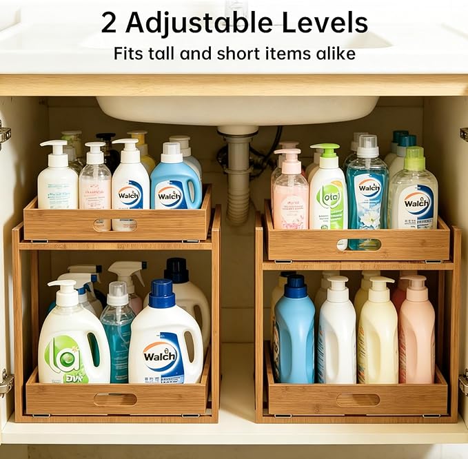 Under Sink Organizer and Storage - 2-Tier Bamboo Kitchen Cabinet Shelf with Adjustable Levels, Undersink Organization Slide Out for Bathroom Cabinet Pantry Brown