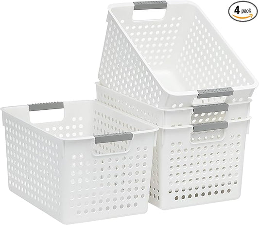 Soddeph 4 Pack Plastic Deep Storage Basket with Handles, Cubbies Organizer Bins with Hollow Design for Under Counter, Closet, Kitchen or Bathroom 12.3" × 8.7" × 6.9"(White, Medium)