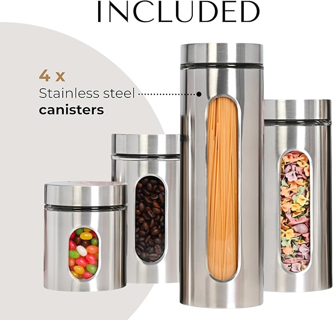 JS Gourmet 4 Pcs Stainless Steel Canisters Set for Kitchen with Glass Window and Airtight Lid, Perfect for Storing Coffee, Spaghetti, Sugar, Beans and Dry Ingredients (Silver)