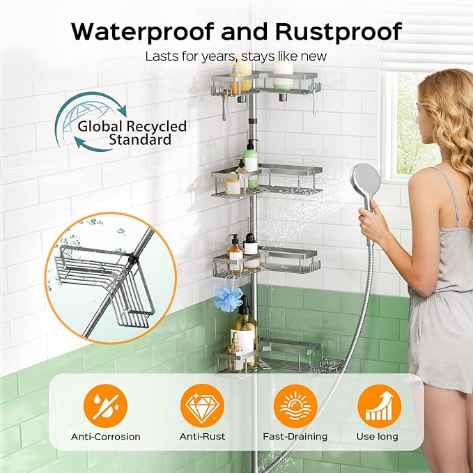 HAMITOR Shower Caddy Tension Pole: 4-Tier Corner Rustproof Bathroom Organizer with Soap Holder - No-Drill Adjustable Shower Shelf for Renters - Small Space Storage Rack for Apartment - 47-123 Inch