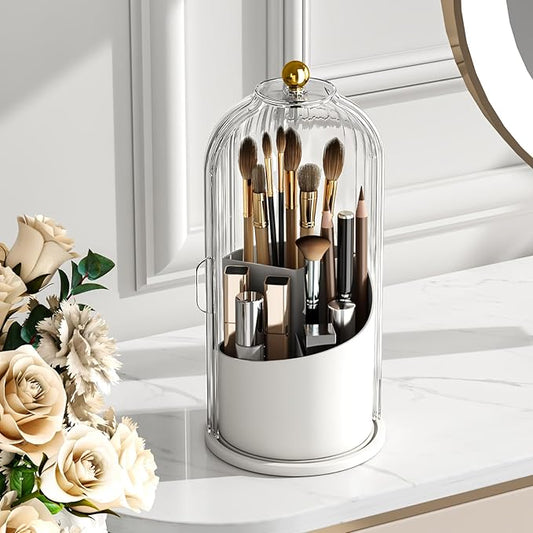 GAXmi Makeup Brush Holder with Lid Rotating Cosmetic Organizer, Transparent | 360 Rotation, Waterproof, Dustproof, Moistureproof
