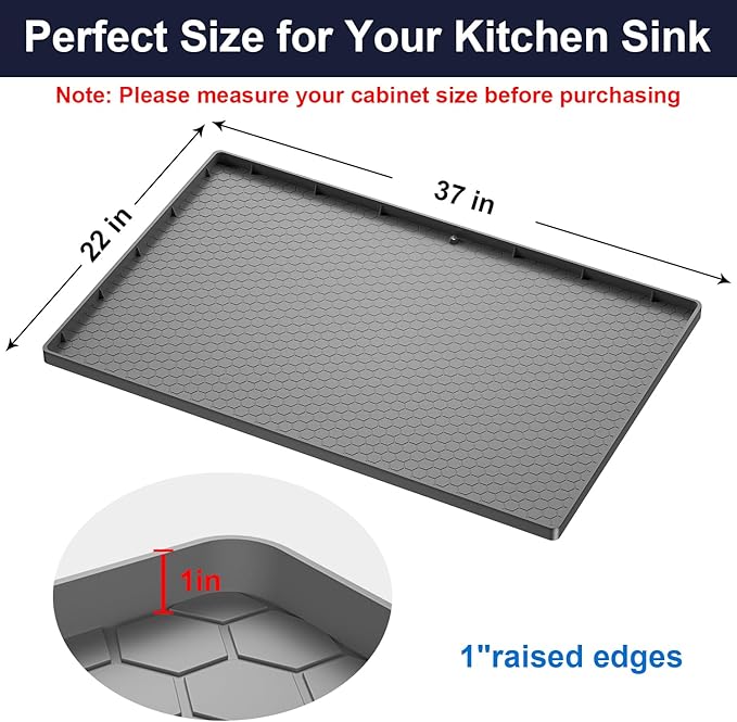 Under Sink Mat - 37" x 22" Waterproof Kitchen Cabinet Mat - Flexible Silicone Under Sink Liner - Kitchen Bathroom Cabinet Mat and Protector for Drips Leaks Spills (Gray)