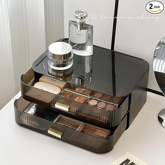 2 Pack Stackable Makeup Organizer with Drawers, Bathroom Storage for Eyeshadow Palettes, Cosmetics, and Beauty Supplies. Ideal for Vanity Counter, Cabinet, Entryway Table, Desk