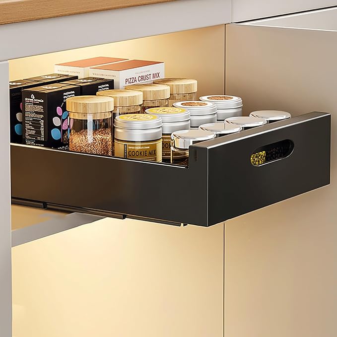 Slide Out Drawer Storage Shelves For Cupboard Cabinet,Extendable Sliding Drawer,No Need Drill and Nailing,for Pantry and Bathroom Vanity,with Adhesive Nano Film. (Color : Black, Size : 30 * 43 * 7cm)