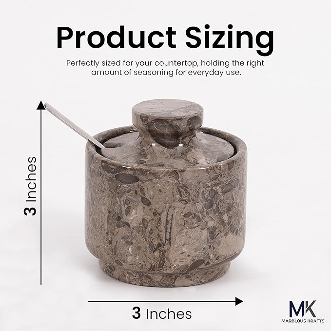 MARBLOUS KRAFTS Marble Salt Cellar Oceanic 3" Flaky Salt Dish for Countertop Ideal Spice Box, Candy Bowl, Brown Sugar Jar with Lid and Spoon, Kitchen Storage, Ideal Mother’s Day Gift for Mom
